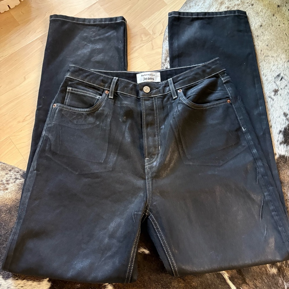 REFORMATION Cynthia High Rise Straight Jeans In Glossy Black Size 30 - Picture 3 of 10